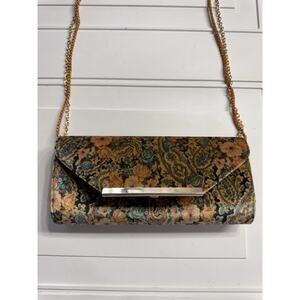 Nina New York Velvet Floral Gold Blue Velvet Clutch Shoulder Bag Rope Chain